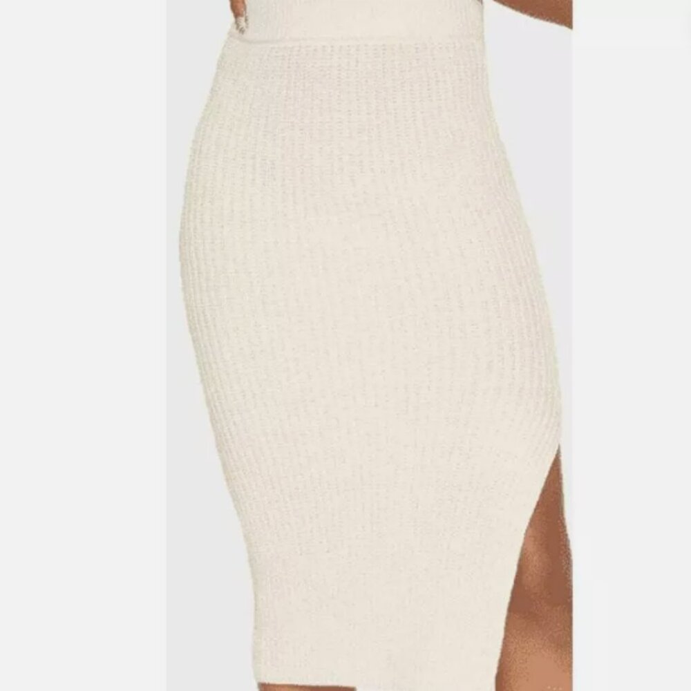 Revolve Callahan Cotton Jada Shaker Knit Fitted Side Slit Midi Skirt Creme NWT